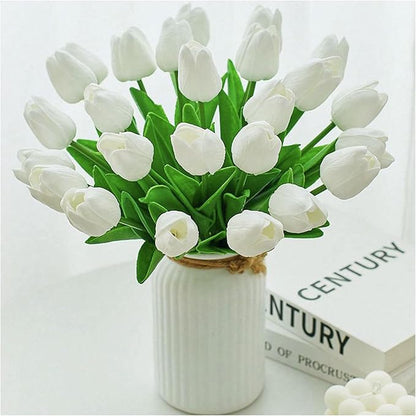 18pcs Artificial Tulips 13" PU Artificial Flowers for Family Friends Gifts DIY Flower Arrangement Home Kitchen Office Party Wedding Dining Table Decoration, White