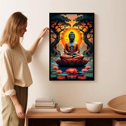 Canvas wall art Golden Buddha on lotus at sunset Ancient trees with reflections on water Serene meditation scene Uplifting wall art for mindfulness and tranquil home decor 20x30in Metal blackFramed