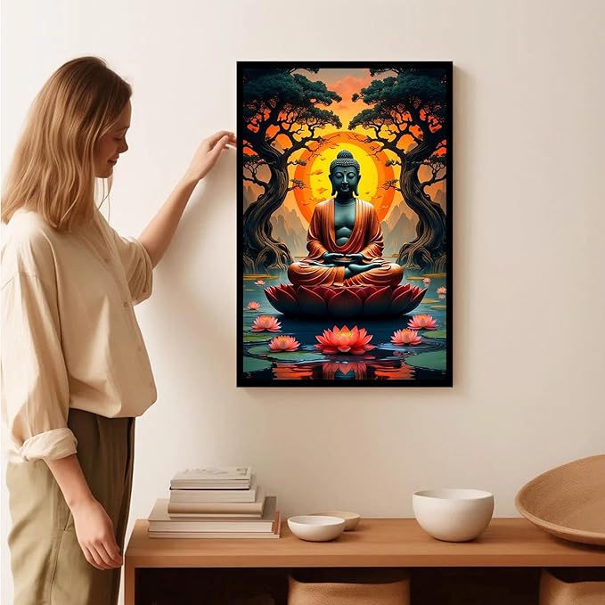 Canvas wall art Golden Buddha on lotus at sunset Ancient trees with reflections on water Serene meditation scene Uplifting wall art for mindfulness and tranquil home decor 8x12in Metal blackFramed