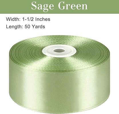1-1/2 Inches 50 Yards Sage Green Satin Ribbon, Solid Fabric Ribbon Roll for Flower Bouquets, Gift Wrapping, Wedding, Handmade Crafts