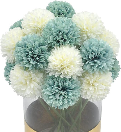 20Pcs Artificial Fake Flower Plants Silk Chrysanthemum Ball Hydrangea Arrangements Wedding Bouquets Decor Home Kitchen Garden Party Table Floral Centerpieces DIY (White&Blue)
