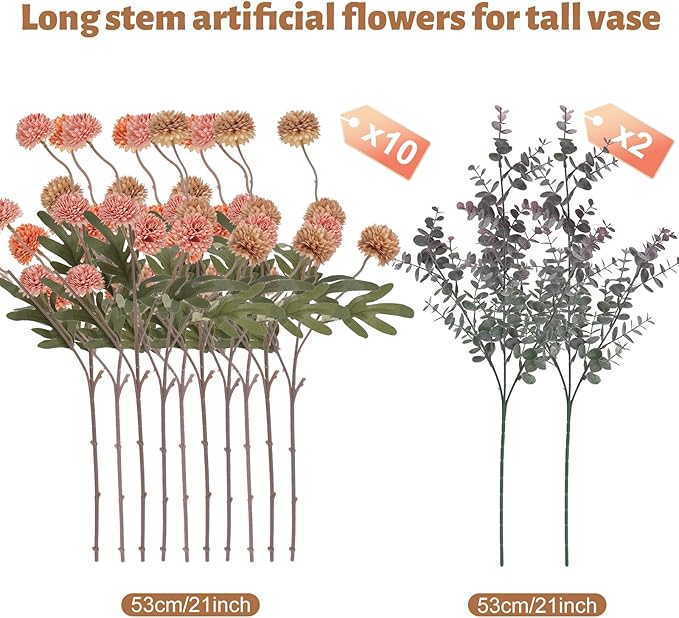 Geegoods 10 Stems Silk Pompon Mum Artificial Flowers with 2 Eucalyptus – 21’’ Long Stem Faux Chrysanthemums for Vase Arrangements, Rustic Farmhouse Fall Centerpieces & Autumn Décor