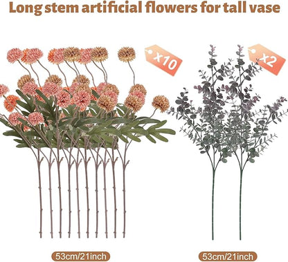 Geegoods 10 Stems Silk Pompon Mum Artificial Flowers with 2 Eucalyptus – 21’’ Long Stem Faux Chrysanthemums for Vase Arrangements, Rustic Farmhouse Fall Centerpieces & Autumn Décor