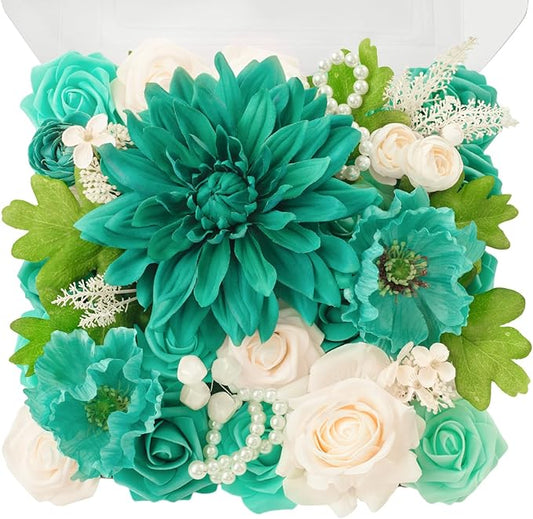 TINGE TIME Artificial Flowers Combo Mix Silk Flowers Teal Green Roses w/stem for DIY Wedding Bridal Bouquets Baby Shower Floral Arrangement Table Centerpieces Home Decorations (Deep Teal Green)