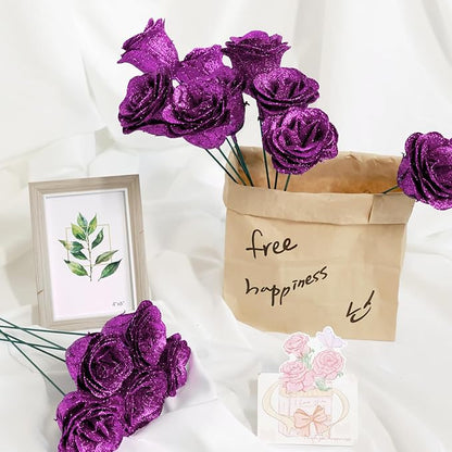 Glitter Roses Bouquet, Shiny Artificial Roses Flowers with Stems DIY Fake Glitter Flowers Bouquet for Valentine's Day, Mother's Day, Anniversary, Graduation, Birthday, Wedding, 24 Roses (Purple)