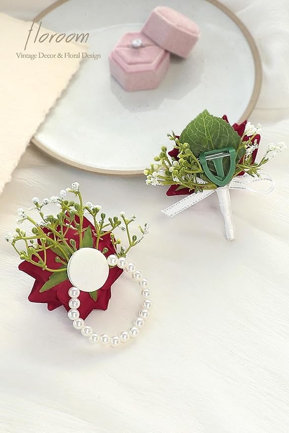 Floroom Burgundy Rose Wrist Corsage Wristlet Band Bracelet and Men Boutonniere Set for Red Wedding Flower Accessories Prom Suit Decorations