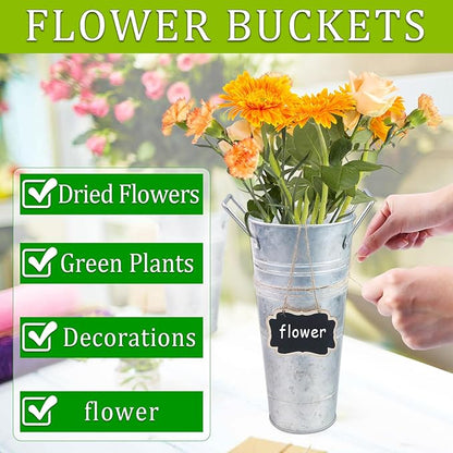 8 Set Galvanized Flower Buckets, 10 Inch Metal Vases for Flowers Rustic Flower Bucket Farmhouse Flower Bucket Vases with Small Chalkboard Label Flower Bar Supplies Rustic Vases for Home Garden Wedding