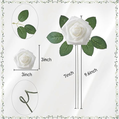 Artificial Flowers, 25pcs Artificial Rose for DIY Wedding Bouquets Centerpieces Arrangements, Sage Green and White Foam Flowers with Stem for Bridal Shower Party Home Decorations
