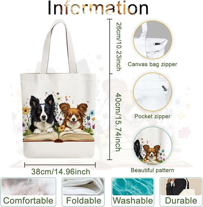 ANATTASOUL Canvas Tote Bag Cute Dog and Flowers Reusable Cotton Bag for Women, Durable Cloth Shoulder Bags with Zipper Pockets for Shopping, Vacation, Work, Gym