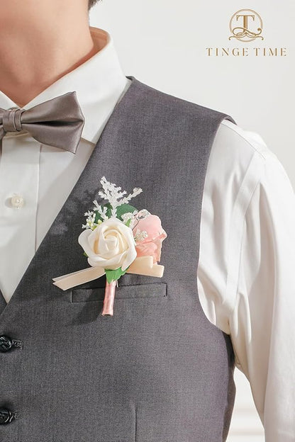 TINGE TIME Boutonniere for Men Wedding,Groom and Best Man Boutonniere for Wedding Ceremony Anniversary, Formal Dinner Party and Rustic Spring Wedding Marriage (6, Champange&Pink)