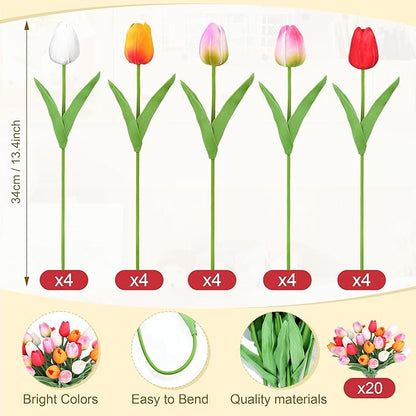 20pcs Tulips Artificial Flowers for Real Touch Fake Tulips Slik Faux Flowers for Summer Wedding Bouquet Mother's Day Decor (5 Color 14 Inches)