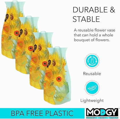 MODGY Expandable Flower Vase, Plastic Decorative Modern Foldable Printed Vases for Centerpieces for Wedding, Dining Table, Home Decor, Living Room, Bathroom, Office, Sunflowers, 4 Pack