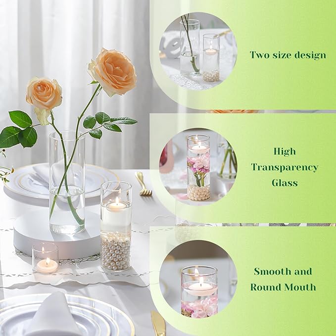Hewory Glass Cylinder Vases for Centerpieces: Set of 12 Clear Skinny Hurricane Vases for Wedding Baby Shower Table Birthday Party Decorations - Tall Candle Holders for Floating Candle Flower Bouquet