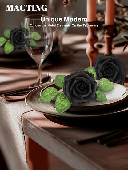 MACTING 60PCS Black Artificial Flowers Real Touch Fake Flowers with Stem Foam Roses for DIY Wedding Bouquets Table Centerpieces Bridal Shower Party Holiday Home Valentines Day Decorations