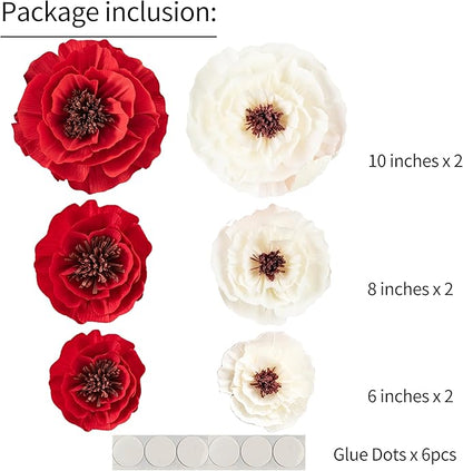 Paper Flower Decorations for Wall, Flower Wall Decor for Birthday Wedding Backdrop Baby Nursery Wall Decor Baby Showers Bridal Shower (Red+White, 6Pcs)