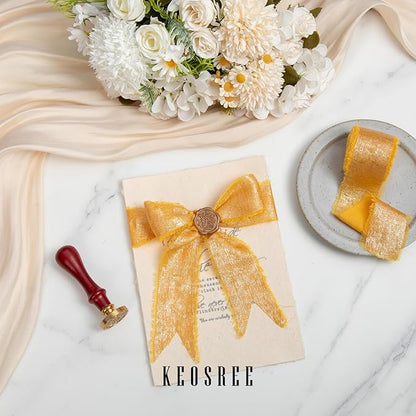 Gold Silk Chiffon Ribbon,Gold Frayed Shimmery Silk Ribbon for Bridal Flower Bouquet Christmas Gift Wrapping Wedding Decor Invitations Decorations 1.5" x 15 Yards (5Yards X 3 Rolls)