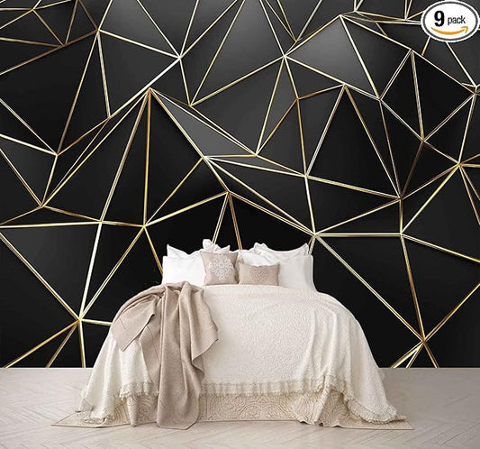 Black and Gold Wallpaper 3D Abstract Geometric Wall Mural for Bedroom Living Room TV Background Wall（Not Peel and Stick）