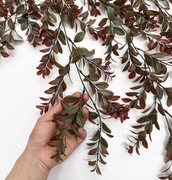 Artificial Hanging Ivy, Fake Reddish Brown Leaves Vines Plastic Plants Greenery UV Resistant Plant for Indoor Outdoor Garden Office Bathroom Decor Wedding Party Baskets DIY Decoration Red 2 Pack