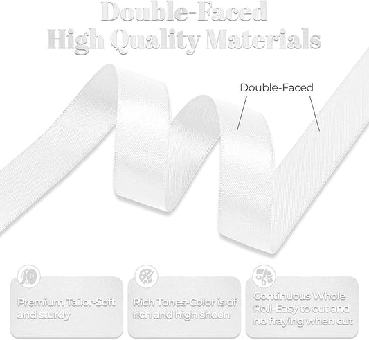 Premium Double Faced Satin Ribbon, 5/8 Inch X 25 Yards, White, Perfect for Gift Wrapping, Crafts, Wedding Decor
