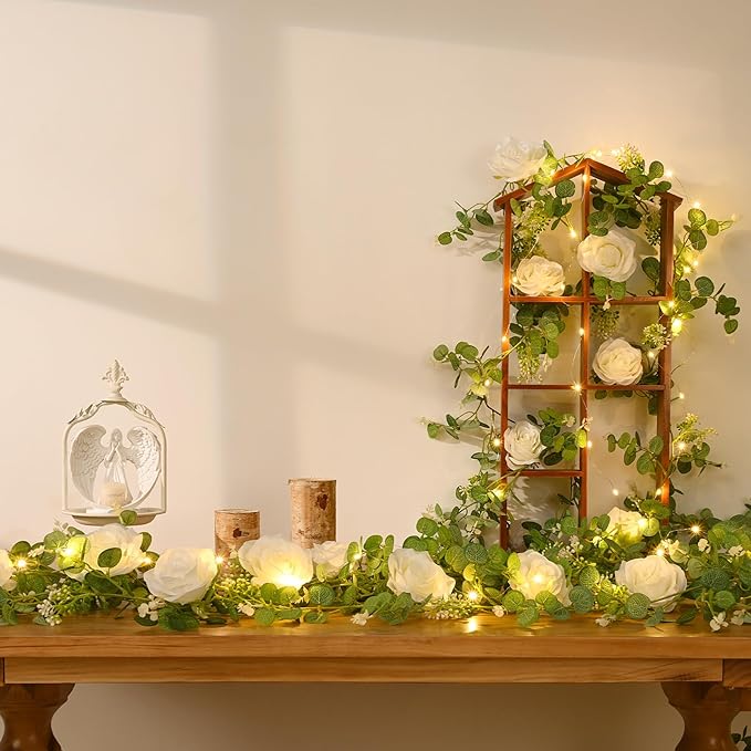 Dolicer 2Pcs 13Ft Artificial Eucalyptus Garlands with Flowers - 8 Roses, Faux Floral Greenery Garlands with 13Ft String Lights Fake Flower Vines for Wedding Table Centerpieces Arch Party Decor (White)