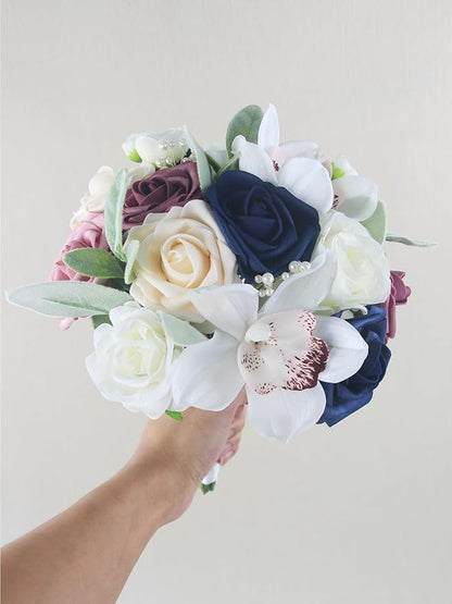 Rinlong Bridesmaids Bouquet Dusty Pink Navy Blue Artificial Wedding Bouquets for Bride Bridesmaid Silk Bouquet for Homecoming Prom