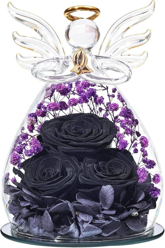 Beferr Christmas Birthday Gifts for Women, Mom Gifts for Christmas Fresh Flowers for Delivery Prime Forever Preserved Rose in Glass Angel, Xmas Gifts for Grandma Wife Sister Her, Black & Purple