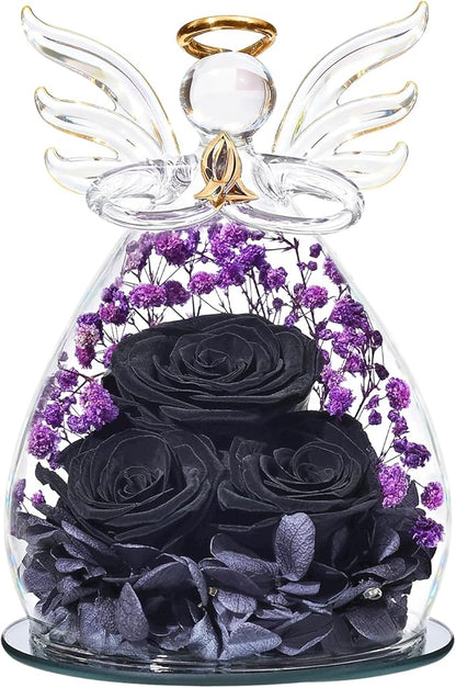 Beferr Christmas Birthday Gifts for Women, Mom Gifts for Christmas Fresh Flowers for Delivery Prime Forever Preserved Rose in Glass Angel, Xmas Gifts for Grandma Wife Sister Her, Black & Purple