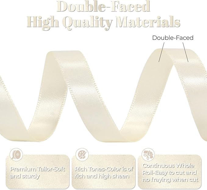 Cream Satin Ribbon, Double Faced 1/2 Inch X 25 Yards Cream Ribbon, Premium Satin Ribbon for Gift Wrapping, Crafts, Hair Bow Making, Sewing, Flower Bouquet, Wedding Party Decor
