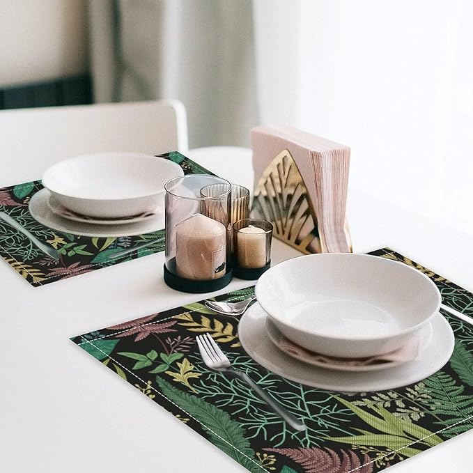 Leaf Placemats Set of 4, 17x12 Inch Vintage Natural Botanical Herbal Green Leaves Table Mats for Home Party Kitchen Dining Decor