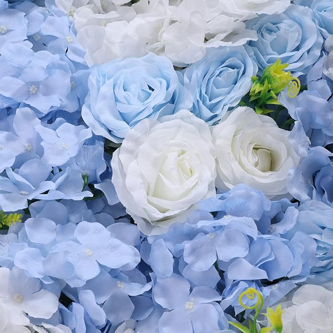 LOYALHEARTDY 4 Pack Artificial Flower Wall Panels 24" x 16" Blue & White Faux Hydrangea and Rose Artificial Flower Backdrop Panels for Wedding Party Event Flower Wall Decor