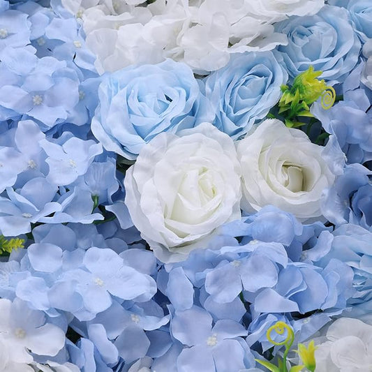 4Pcs Artificial Flower Wall Panel,3D 16" X 24" Silk Rose Mat Artificial Flower Wall,Rectangle Decorative Backdrop Flower Panels Wall for Bridal,Patio,Garden,Yard Decor (Blue, White)