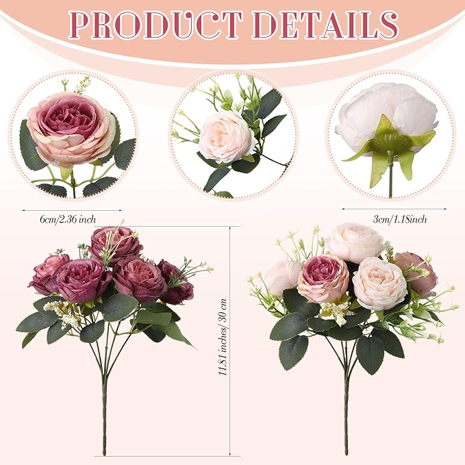 Geosar 24 Bundles Artificial Peonies Flowers Fake Silk Peony Bouquet Faux Peonies Flowers Bulk for Decoration Vase Floral Arrangements Wedding Party Table (Dusty Pink,Dusty Rose)