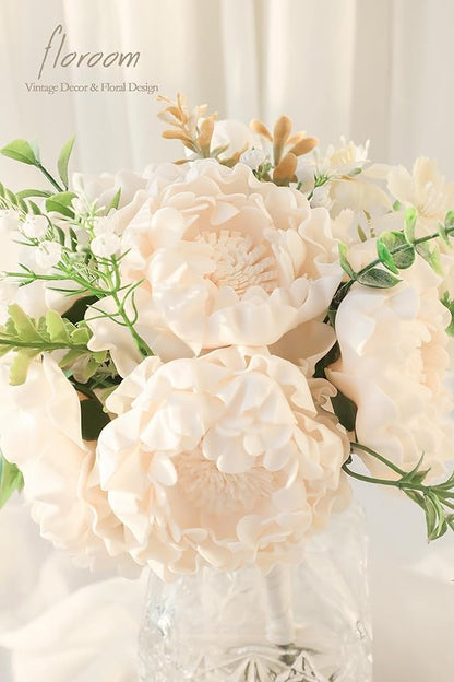 Floroom Artificial Flowers 16pcs 4" Blooming Peonies Real Looking Foam Fake Peony with Stems for DIY Wedding Bouquets Bridal Shower Centerpieces Floral Arrangements Party Tables Decorations - Cream