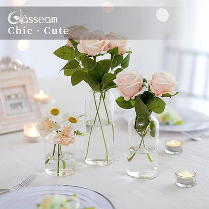 Glasseam Clear Small Flower Vases - Bulk Set of 12, Handmade Modern Decorative Bud Vases for Flowers, Wedding Centerpiece, Dining Table Decoration