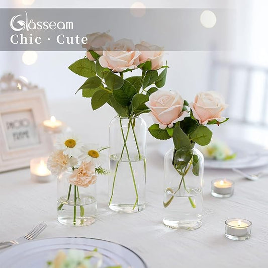 Glasseam Clear Small Flower Vases - Bulk Set of 12, Handmade Modern Decorative Bud Vases for Flowers, Wedding Centerpiece, Dining Table Decoration