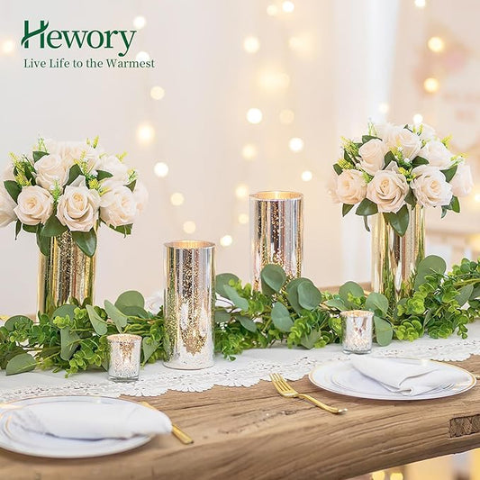 Glass Cylinder Vases Set of 6, Hewory Glittery Silver Vase for Centerpieces, Hurricane Candle Holders for Pillar or Floating Candle, Round Tall Vase for Wedding Anniversary Events Home Table Decor