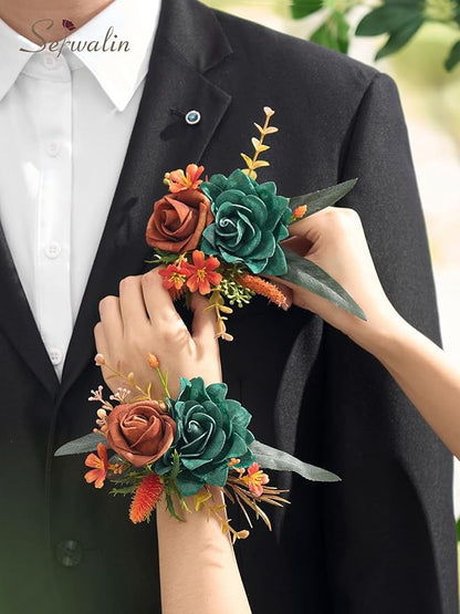 Serwalin Set of 2 Boutonniere for Men, 6-7inch Corsage Groom and Best Man Boutonnieres for Wedding Prom Ceremony Anniversary Party Cake Topper, Teal Orange