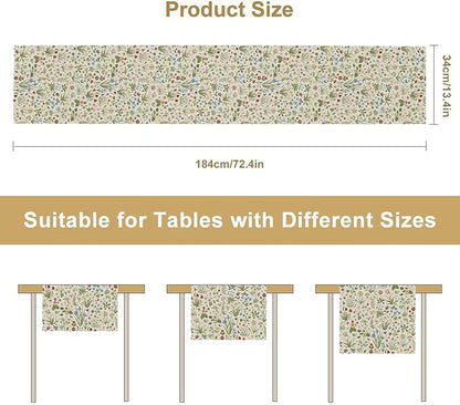Vintage Floral Table Runner, Country Botanical Flower Farmhouse Home Decor Table Runner for Kitchen Dining Picnic Decoration, 13x70 Inch