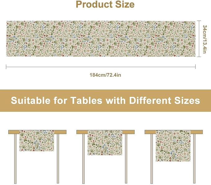 Vintage Floral Table Runner, Country Botanical Flower Farmhouse Home Decor Table Runner for Kitchen Dining Picnic Decoration, 13x108 Inch