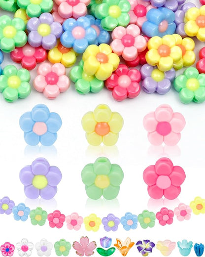 FIVEIZERO 200PCS Acrylic Flower Beads for Bracelets, Solid Color Five Petal Bead Charms for DIY Jewelry Making, Necklaces & Craft Supplies