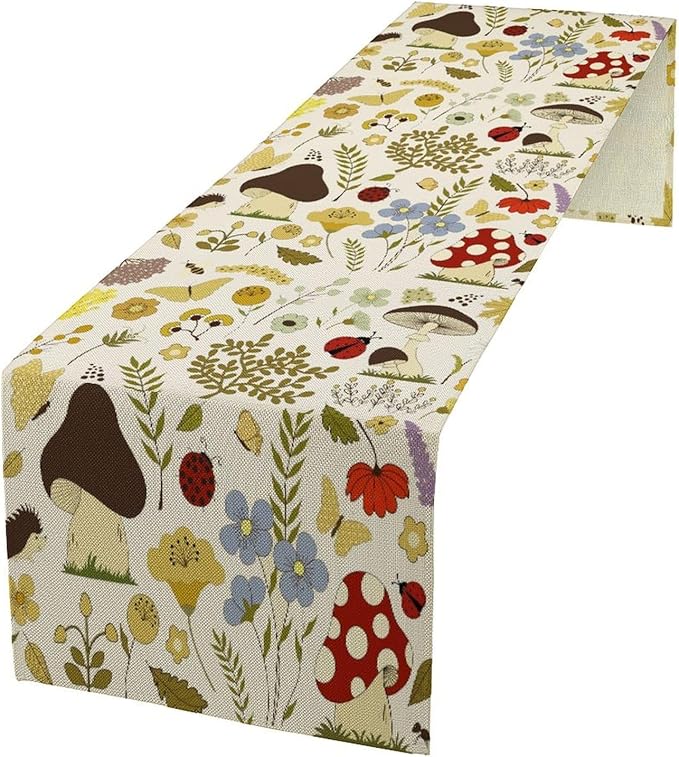 Mushroom Wildflower Table Runner Colorful Cartoon Style Cute Plants Dinner Runner for Farmhouse Cabin Home Kitchen Dining Holiday Party Decor 13x90in