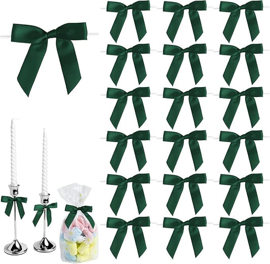 50 PCS Dark Green Twist Tie Bows 2.5" Satin Ribbon Bows Decor for Gift Wrapping Craft Treat Bags Cake Pop Basket, Wedding Baby Shower Birthday Party Favors