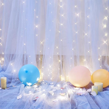 10ft x 10ft Baby Blue Tulle Photo Backdrop Curtain with Lights String for Parties Wedding Sheer Blue Curtain Backdrop for Birthday Party Baby Shower Boy Photo Booth Photography Background Decorations