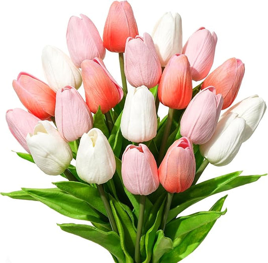 Real Touch Artificial Tulips, 20pcs Fake Tulip Flowers Stem, PU Faux Tulips 13.5” for Mother's Day, Home Decor, Wedding, Easter Valentine's Gift, Table Centerpieces, Pink Series and White