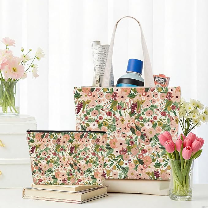 Aesthetic Floral Tote Bag Makeup Bag Flower Decor Gifts for Girls Christmas Shopping Grocery Bags Cosmetic Bags