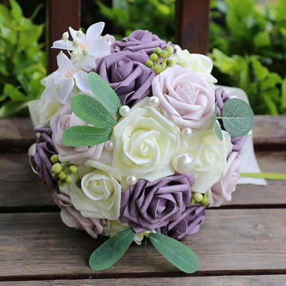 Lightweight Bridal Wedding Bouquet Round Holding Bouquet Throw Toss Artificial Rose Flower Bunch for Bride Bridesmaid Wedding Quinceanera (Cream, Deep Taro & Light Taro, 6.7")