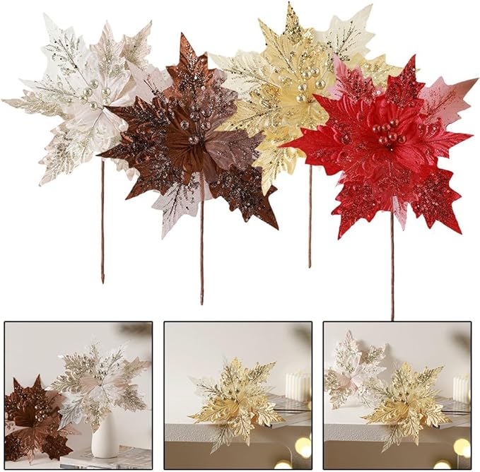 Artificial Flannel Sequin Christmas Flower Ornament, 30x35cm Glitter Holiday Tree Decoration for Wreaths Garlands and Party Arrangements Champagne