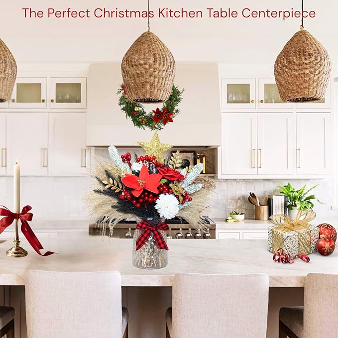 RyddeligHome Christmas Centerpieces for Tables, Holiday Table Decor, 100pcs Christmas Floral Arrangements in Vase, Pottery Xmas Decorations, Artificial Poinsettia Red Berry Pine Branches