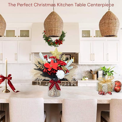 RyddeligHome Christmas Centerpieces for Tables, Holiday Table Decor, 100pcs Christmas Floral Arrangements in Vase, Pottery Xmas Decorations, Artificial Poinsettia Red Berry Pine Branches