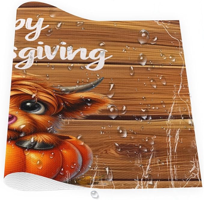 Thanksgiving Pumpkin Highland Cow Placemats Set of 1 PVC Vinyl Non Slip Table Mats Heat Resistant Place Mats Washable Wipeable Dining Table Mat for Kitchen Decor Party Indoor Outdoor Decorative Gift